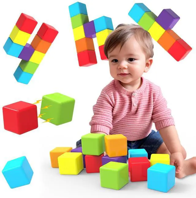 Main image of Magnetic Building Blocks Large, 1.65 inch Magnetic Stacking Cubes for Toddlers, Sensory & Montessori Toys for Boys & Girls 1 2 3 Years Old (12 PCS)