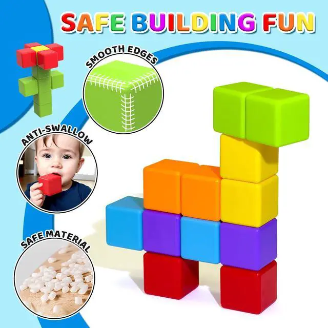 Alt view image 2 of 7 - Magnetic Building Blocks Large, 1.65 inch Magnetic Stacking Cubes for Toddlers, Sensory & Montessori Toys for Boys & Girls 1 2 3 Years Old (12 PCS)