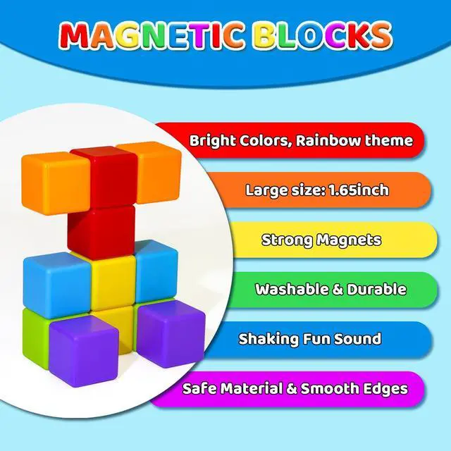 Alt view image 5 of 7 - Magnetic Building Blocks Large, 1.65 inch Magnetic Stacking Cubes for Toddlers, Sensory & Montessori Toys for Boys & Girls 1 2 3 Years Old (12 PCS)