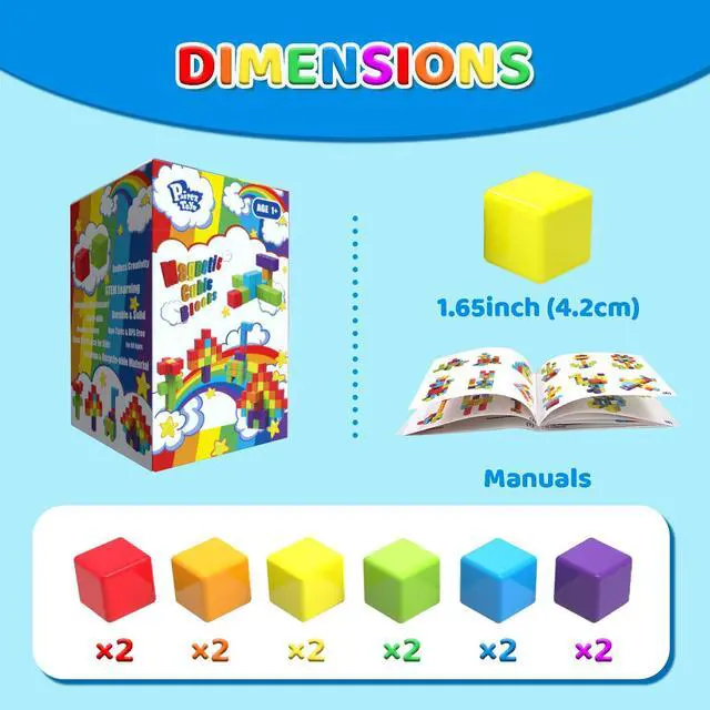 Alt view image 7 of 7 - Magnetic Building Blocks Large, 1.65 inch Magnetic Stacking Cubes for Toddlers, Sensory & Montessori Toys for Boys & Girls 1 2 3 Years Old (12 PCS)