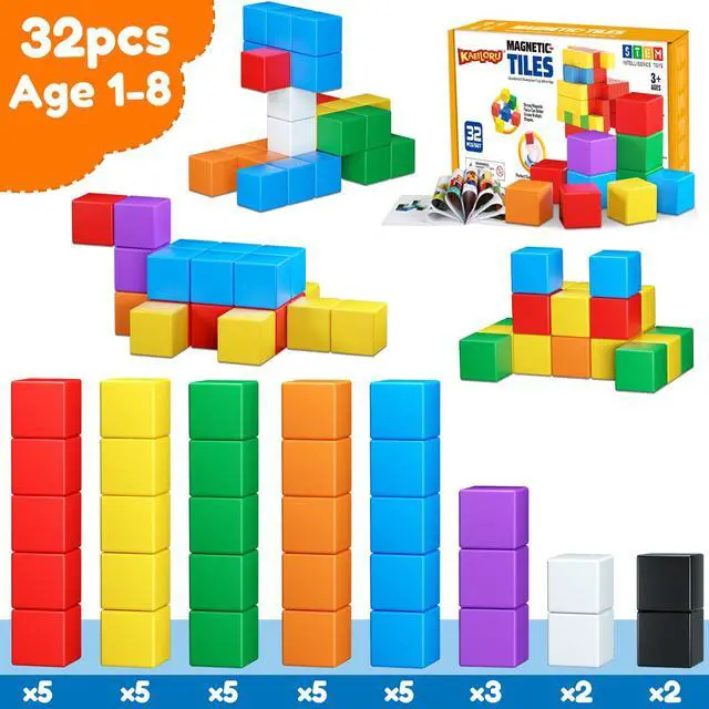 Alt view image 6 of 7 - Magnetic Blocks,32PCS Magnetic Building Blocks for Toddlers Age 3-5 Magnet Cubes Toys STEM Educational Sensory Montessori Toys 1-3 Christmas Birthday Gifts for Kids Ages 3 4 5 6 Year Old Boys Girls
