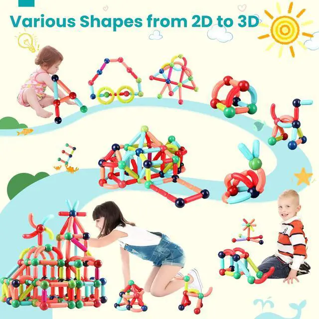 Alt view image 2 of 7 - Magnetic Building Blocks for Kids Ages 4-8, STEM Construction Toys for Boys and Girls, Large Size Magnetic Sticks and Balls Game Set for Kids Early Educational Learning (64PCS)