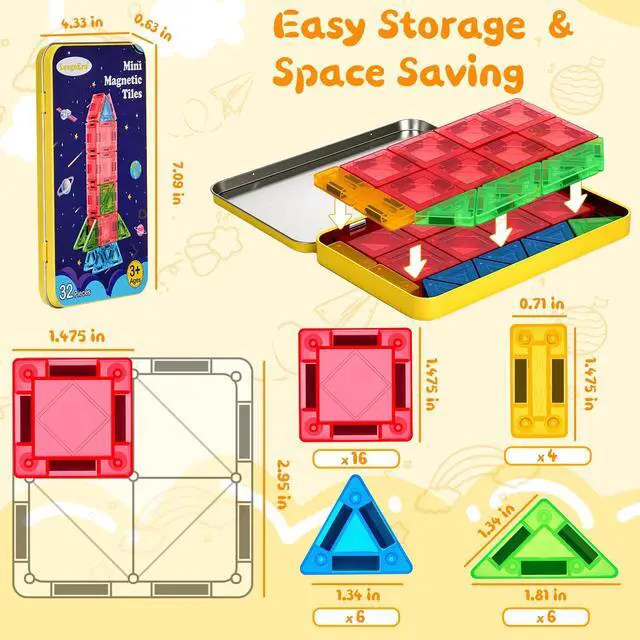 Alt view image 7 of 7 - Magnetic Tiles Magnetic Blocks Building Toy: Portable Mini Magnetic Tiles Travel Set 32 Pieces Montessori Toys Birthday Gift for Kids Girls and Boys Ages 3-12 Years Old Preschool Classroom Must Haves