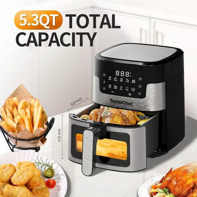 Alt view image 3 of 7 - Air Fryer 10-in-1, 5.3QT Compact Oil Free Cooker with Visible Window, Healthy Cooking, Digital Control for Family, Fries, Fish, Back, Cake, DIYBlack