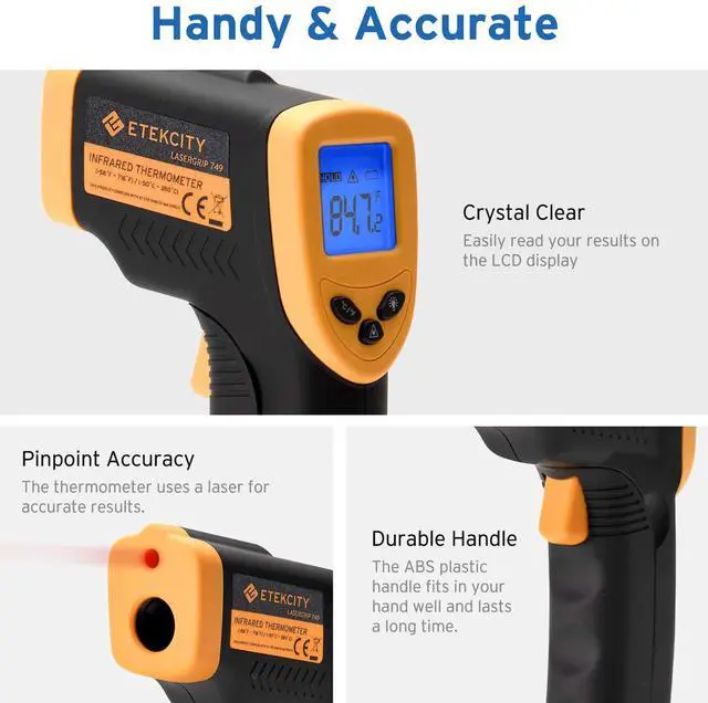 Alt view image 2 of 6 - Infrared Thermometer 749 (Not for Human) Temperature Gun Non-Contact Digital Lasergrip with LCD Backlit Display, -58 to 716 (-50 to 380), Black-Yellow
