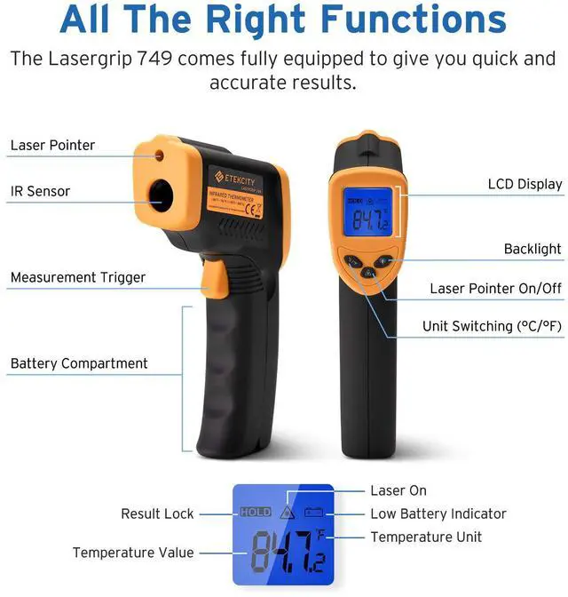 Alt view image 3 of 6 - Infrared Thermometer 749 (Not for Human) Temperature Gun Non-Contact Digital Lasergrip with LCD Backlit Display, -58 to 716 (-50 to 380), Black-Yellow