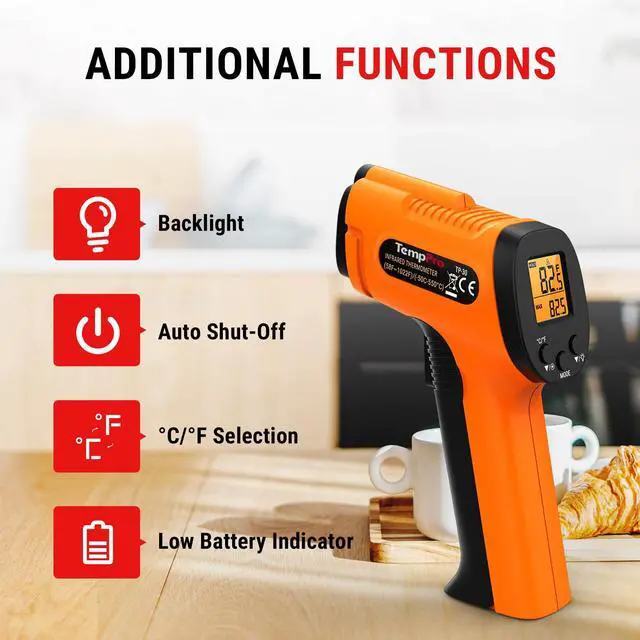 Alt view image 7 of 7 - TP30 Infrared Thermometer Gun, Laser Thermometer for Cooking, Pizza Oven, Griddle, Engine, HVAC, Temperature Gun with Adjustable Emissivity & Max Measure -58°F ~1022°F (Previously ThermoPro)