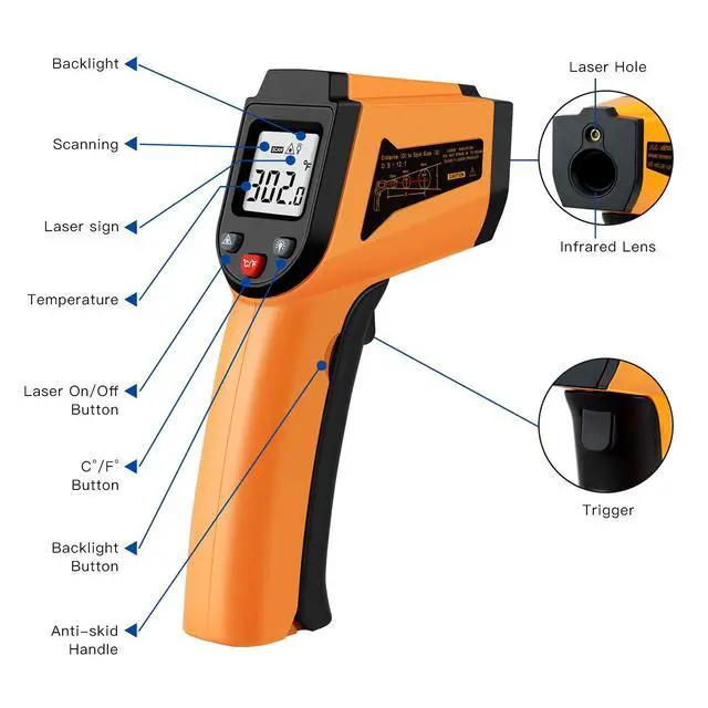 Alt view image 2 of 7 - Laser Infrared Thermometer Non-Contact Digital Temperature Gun-50°C to 400°C(-58°F to 752°F) IR Thermometer for Industrial,Kitchen Cooking,Ovens (Orange)