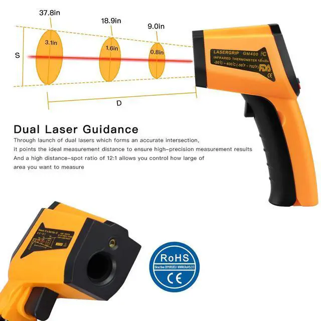 Alt view image 3 of 7 - Laser Infrared Thermometer Non-Contact Digital Temperature Gun-50°C to 400°C(-58°F to 752°F) IR Thermometer for Industrial,Kitchen Cooking,Ovens (Orange)
