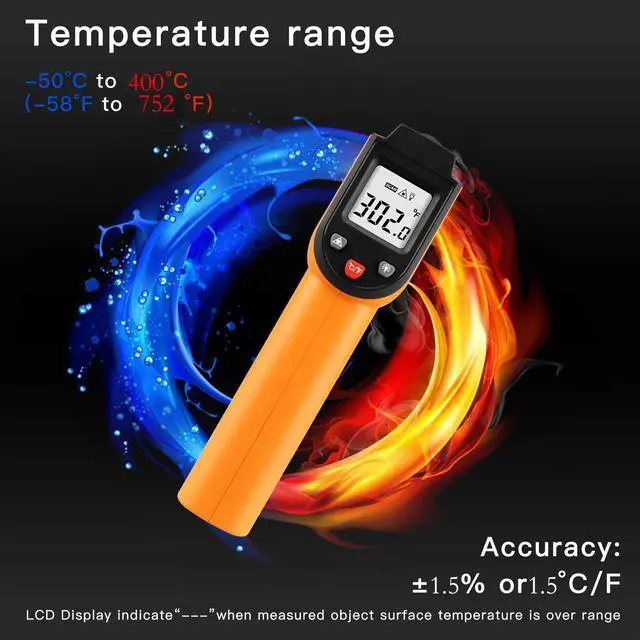 Alt view image 4 of 7 - Laser Infrared Thermometer Non-Contact Digital Temperature Gun-50°C to 400°C(-58°F to 752°F) IR Thermometer for Industrial,Kitchen Cooking,Ovens (Orange)