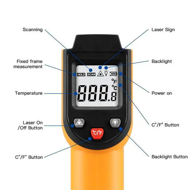 Alt view image 7 of 7 - Laser Infrared Thermometer Non-Contact Digital Temperature Gun-50°C to 400°C(-58°F to 752°F) IR Thermometer for Industrial,Kitchen Cooking,Ovens (Orange)