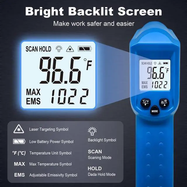 Alt view image 2 of 7 - Infrared Thermometer Temperature Gun - 58 ~1022 (- 50 ~550 ) Non-Contact Digital Laser Infrared Ir Thermometer for Cooking, Barbecue, Food, Repair (Blue)