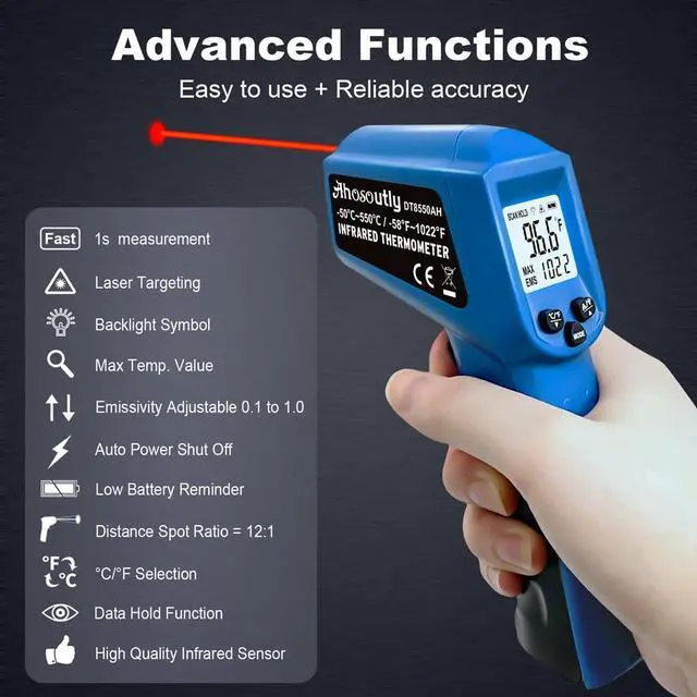 Alt view image 3 of 7 - Infrared Thermometer Temperature Gun - 58 ~1022 (- 50 ~550 ) Non-Contact Digital Laser Infrared Ir Thermometer for Cooking, Barbecue, Food, Repair (Blue)