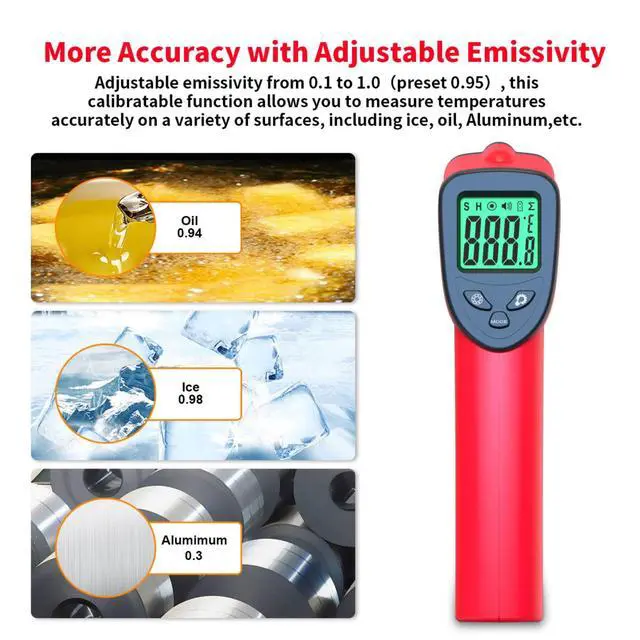 Alt view image 3 of 7 - Digital Infrared Thermometer, Laser Temperature Gun -581022(-50550) IR Thermometer Gun with Adjustable Emissivity, Temp Gun Thermometer for Cooking, BBQ, Oven & Engine (Not for Human Body Temp)