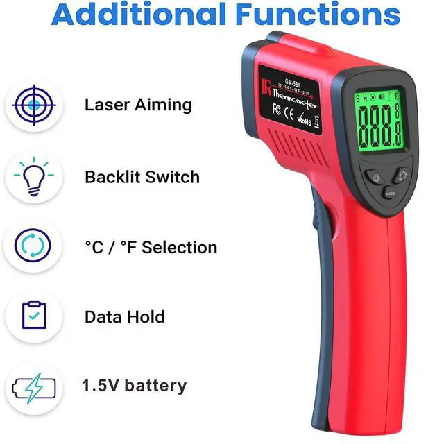 Alt view image 4 of 7 - Digital Infrared Thermometer, Laser Temperature Gun -581022(-50550) IR Thermometer Gun with Adjustable Emissivity, Temp Gun Thermometer for Cooking, BBQ, Oven & Engine (Not for Human Body Temp)