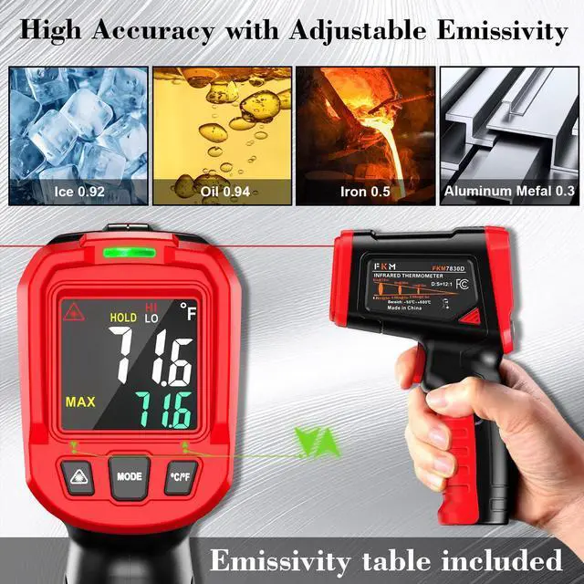 Alt view image 6 of 7 - Infrared Thermometer Gun,Non Contact Laser Thermometer Gun for Industrial,HVAC,Engine,Kitchen Cooking,Digital IR Temperature Gun -58°F~1112°F(-50°C~600°C) Adjustable Emissivity,Not for Human