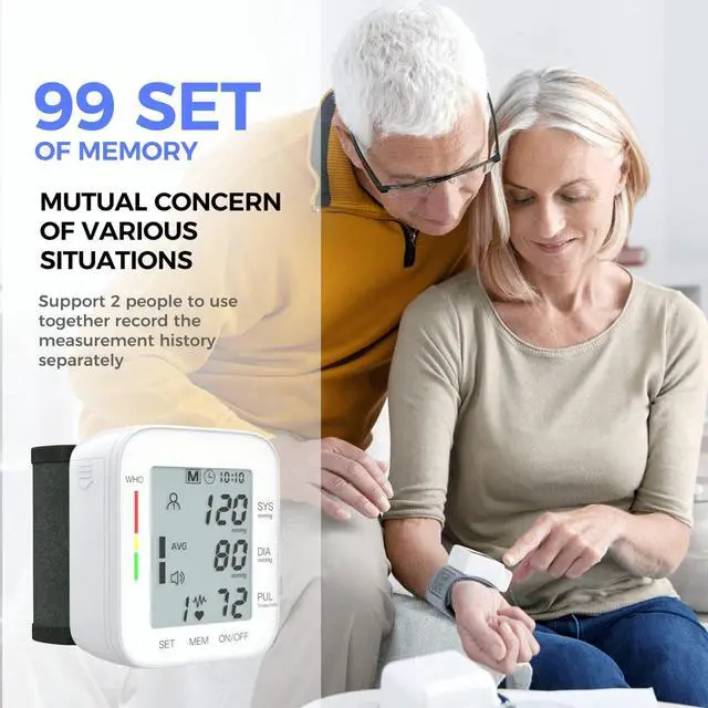 Alt view image 6 of 7 - Wrist Blood Pressure Monitor Large LCD Display BP Machine Adjustable Cuff 5.31-7.68 inch Automatic 99x2 Sets Memory with Carrying Case for Home Use (W1681)