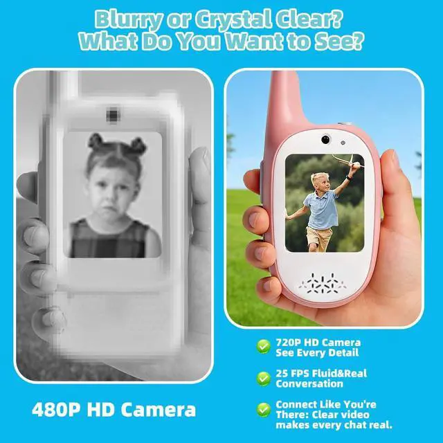 Alt view image 4 of 7 - Walkie Talkies for Kids, 2 Pack 720P Video Walkie Talkies for Kids Rechargeable Long Range Video Walkie Talkies, Toys Gifts for Family, Camping, Hiking for Boys Girls Ages 3-12 (Blue+Pink)