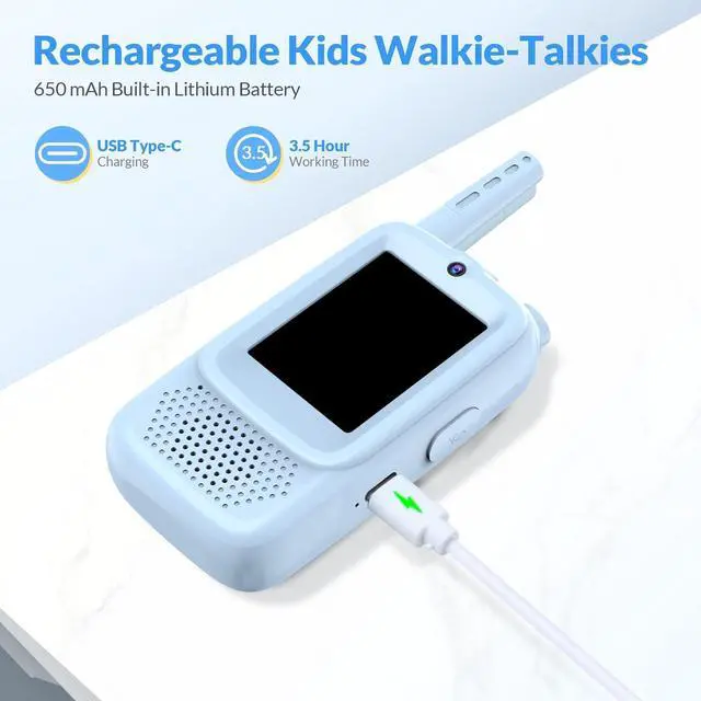 Alt view image 3 of 7 - Video Walkie Talkies for Kids, 2 Pack Rechargeable with 400FT Range & 3-Day Battery, Kids Walkie Talkies for Outdoor Play, Camping, Hiking, Indoor Games for Boys and Girls Ages 3-12 (Blue/Pink)