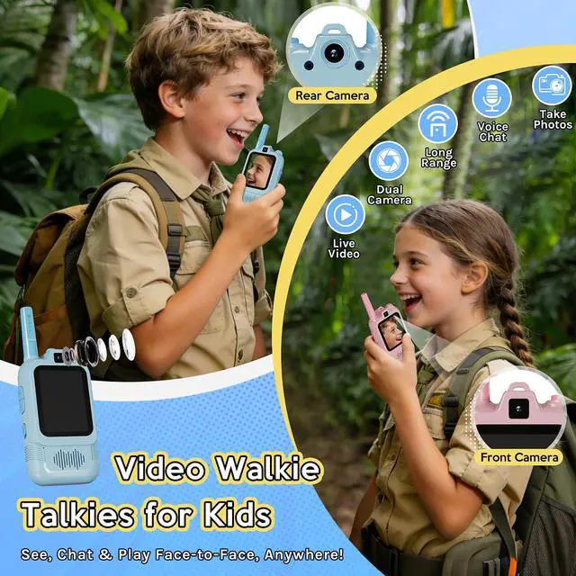 Alt view image 2 of 7 - Video Walkie Talkies for Kids, Dual Camera 2-Pack Rechargeable Video Intercom,1600 Ft Range 2 Way Radios Toys|Voice Chat&Photo, Gifts for Age 3-12 Boys Girls Indoor Outdoor Games, Camping (Pink/Blue)