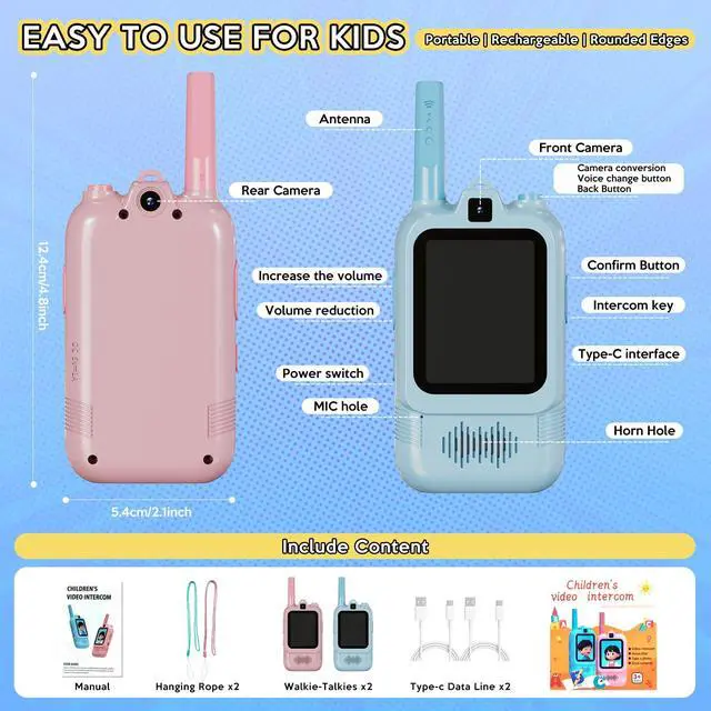 Alt view image 7 of 7 - Video Walkie Talkies for Kids, Dual Camera 2-Pack Rechargeable Video Intercom,1600 Ft Range 2 Way Radios Toys|Voice Chat&Photo, Gifts for Age 3-12 Boys Girls Indoor Outdoor Games, Camping (Pink/Blue)