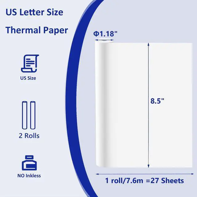 Alt view image 2 of 7 - 2 Rolls Thermal Printer Paper, Thermal Paper 8.5 X 11 Inch, Us Letter Paper Size Thermal Paper Rolls for M08f M832 Portable Printer, A4 Printing Paper roll (1 roll =27 Sheets/7.6m long,1.18")