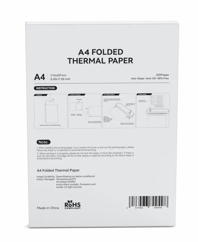 Alt view image 4 of 5 - A4 Thermal Printer Paper, Folded Thermal Paper Quick Dry for Pen, BPA Free Compatible with Luck Jingle L86 D80 & A80 Portable Printer, 8.26" x 11.69", 200 Sheets
