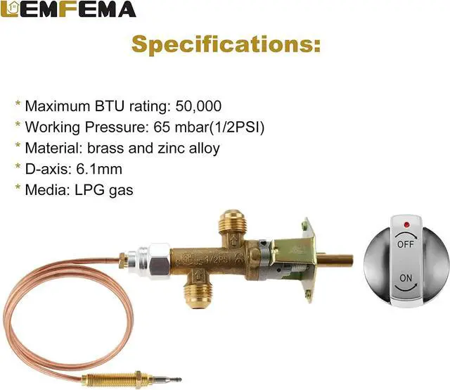 Alt view image 4 of 7 - Low Pressure LPG Propane Gas Fireplace Fire Pit Flame Failure Safety Control Valve with Thermocouple Knob Switch Kit with 5/8-18UNF(3/8" Flare Inlet & Outlet) for Propane Fire Pit, Fireplace