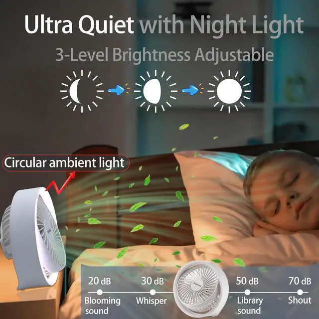Alt view image 3 of 6 - Small Desk Fan, Ultra Quite USB Fan Portable 3000mAh Rechargeable Battery Operate, High Power 3 Speed 5.3in With Ambient Light/Hook 180°Rotated Easy Clean (White)