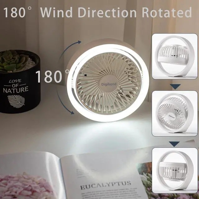 Alt view image 4 of 6 - Small Desk Fan, Ultra Quite USB Fan Portable 3000mAh Rechargeable Battery Operate, High Power 3 Speed 5.3in With Ambient Light/Hook 180°Rotated Easy Clean (White)