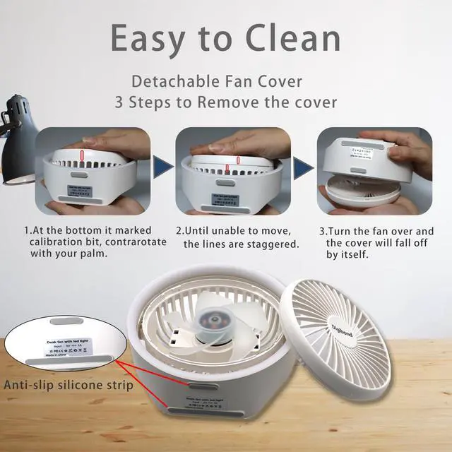 Alt view image 5 of 6 - Small Desk Fan, Ultra Quite USB Fan Portable 3000mAh Rechargeable Battery Operate, High Power 3 Speed 5.3in With Ambient Light/Hook 180°Rotated Easy Clean (White)