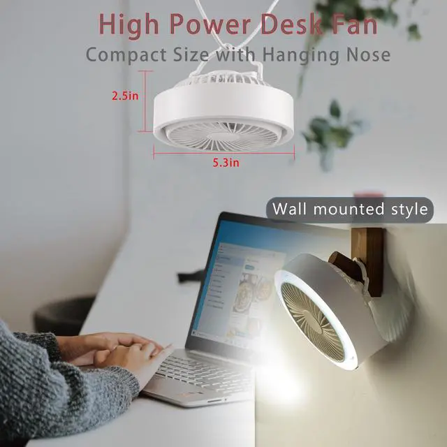Alt view image 6 of 6 - Small Desk Fan, Ultra Quite USB Fan Portable 3000mAh Rechargeable Battery Operate, High Power 3 Speed 5.3in With Ambient Light/Hook 180°Rotated Easy Clean (White)
