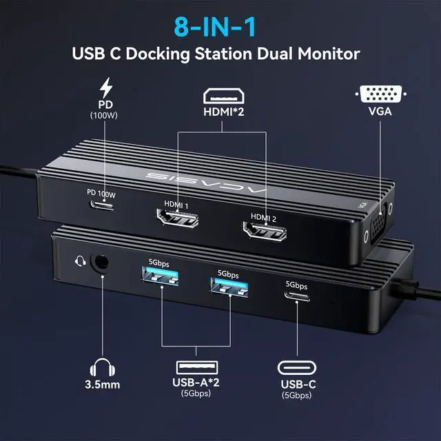 Alt view image 2 of 7 - USB C Docking Station Dual Monitors,8-in-1 Laptop Docking Station with Dual Monitor 2*HDMI +VGA +3 * 5G USB-A/C+3.5MM Audio+PD100W, Laptop Dock for Dell/HP/Lenovo ThinkPadBlack