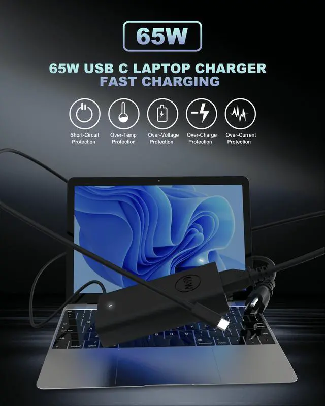 Alt view image 2 of 7 - 60W 65W USB-C AC Adapter fits for Dell Laptop Charger USB C, for Dell Pro 13 14 16 Plus/Inspiron 14 16/ Latitude 5420 5520 5540 7420 5550 5450/ XPS 13/ Chromebook Computer Type C Power Cord