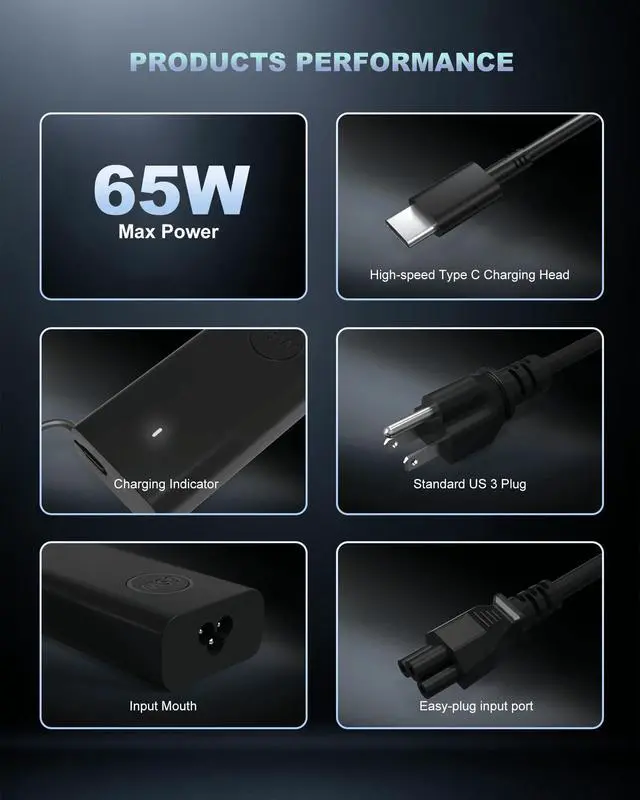 Alt view image 3 of 7 - 60W 65W USB-C AC Adapter fits for Dell Laptop Charger USB C, for Dell Pro 13 14 16 Plus/Inspiron 14 16/ Latitude 5420 5520 5540 7420 5550 5450/ XPS 13/ Chromebook Computer Type C Power Cord