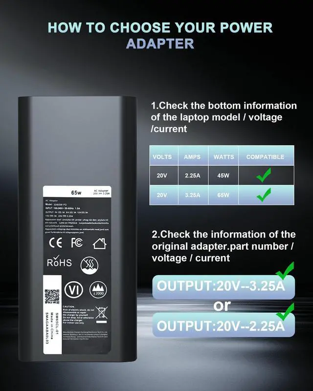 Alt view image 5 of 7 - 60W 65W USB-C AC Adapter fits for Dell Laptop Charger USB C, for Dell Pro 13 14 16 Plus/Inspiron 14 16/ Latitude 5420 5520 5540 7420 5550 5450/ XPS 13/ Chromebook Computer Type C Power Cord