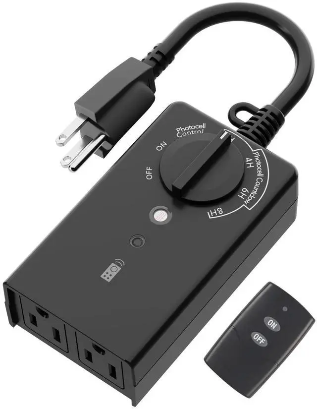 Main image of Outdoor Light Timer with Dusk to Dawn Sensor, 100 ft Range Remote Control, Weatherproof Dual Grounded Outlets, 15A 1/2HP, ETL Listed for Christmas and Halloween Decorations