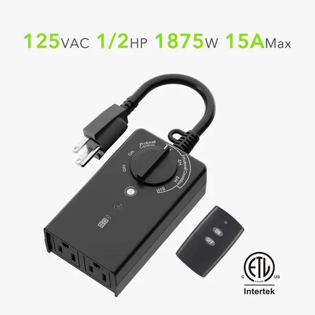 Alt view image 6 of 7 - Outdoor Light Timer with Dusk to Dawn Sensor, 100 ft Range Remote Control, Weatherproof Dual Grounded Outlets, 15A 1/2HP, ETL Listed for Christmas and Halloween Decorations