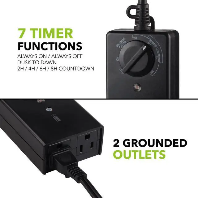 Alt view image 4 of 7 - Outdoor Light Timer with Dusk to Dawn Sensor, 100 ft Range Remote Control, Weatherproof Dual Grounded Outlets, 15A 1/2HP, ETL Listed for Christmas and Halloween Decorations