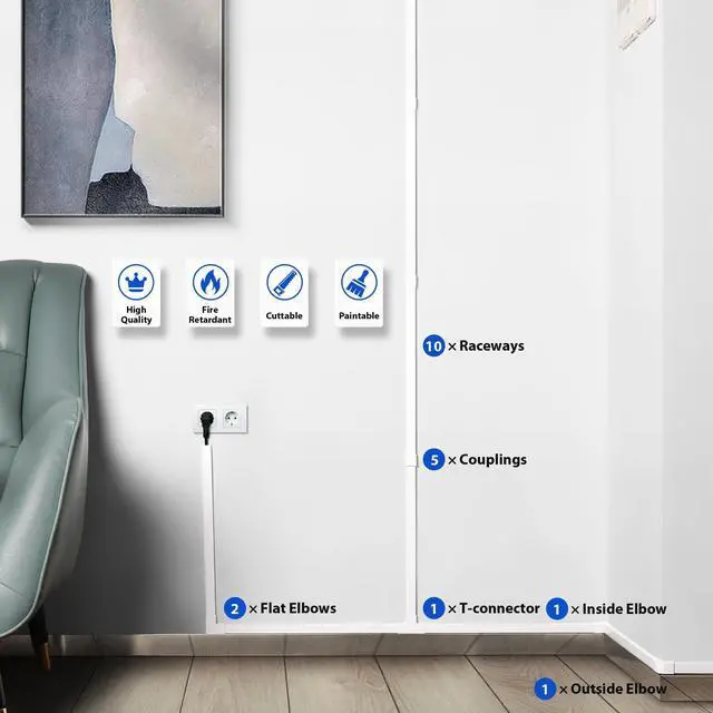 Alt view image 5 of 6 - Cord Cover Wall Kit, YCLYC 157in Wire Covers for Cords - TV Cord Hider for 1 Thick Wire, Cable Hider for Wall Mount TV, Cable Cover Raceway White 10 x L15.7, W0.78 H0.4