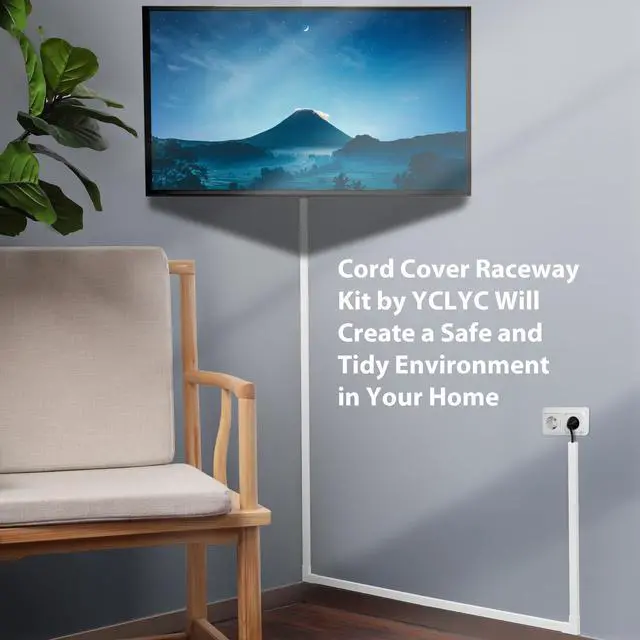 Alt view image 6 of 6 - Cord Cover Wall Kit, YCLYC 157in Wire Covers for Cords - TV Cord Hider for 1 Thick Wire, Cable Hider for Wall Mount TV, Cable Cover Raceway White 10 x L15.7, W0.78 H0.4