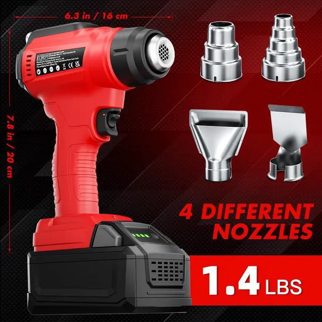 Alt view image 3 of 7 - Cordless Heat Gun for Milwaukee 18V Battery, 350W 1022°F (550°C) Soldering Heat Gun, Variable Temperature Control Hot Air Gun Kit with 4 Nozzles and Scraper, for Shrink Tubing, PVC Wrap(NO Battery)