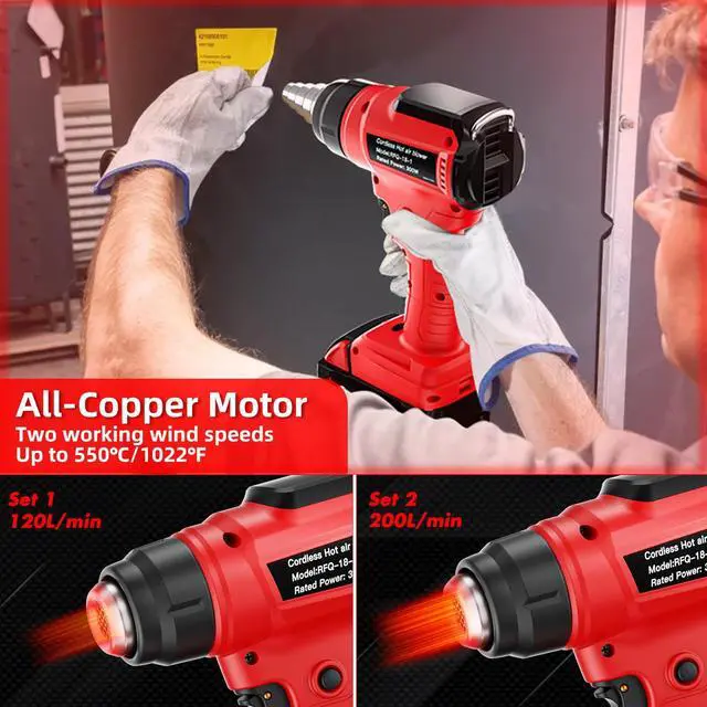 Alt view image 6 of 7 - Cordless Heat Gun for Milwaukee 18V Battery, 350W 1022°F (550°C) Soldering Heat Gun, Variable Temperature Control Hot Air Gun Kit with 4 Nozzles and Scraper, for Shrink Tubing, PVC Wrap(NO Battery)