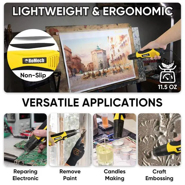 Alt view image 5 of 7 - 350W Heat Gun with 2 Nozzles, Dual Temp Heat Gun 400°F-660°F, Fast Heat Hot Air Gun with Overload Protection for DIY Craft Embossing Shrink Wrapping (Yellow)