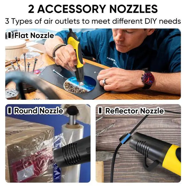 Alt view image 6 of 7 - 350W Heat Gun with 2 Nozzles, Dual Temp Heat Gun 400°F-660°F, Fast Heat Hot Air Gun with Overload Protection for DIY Craft Embossing Shrink Wrapping (Yellow)