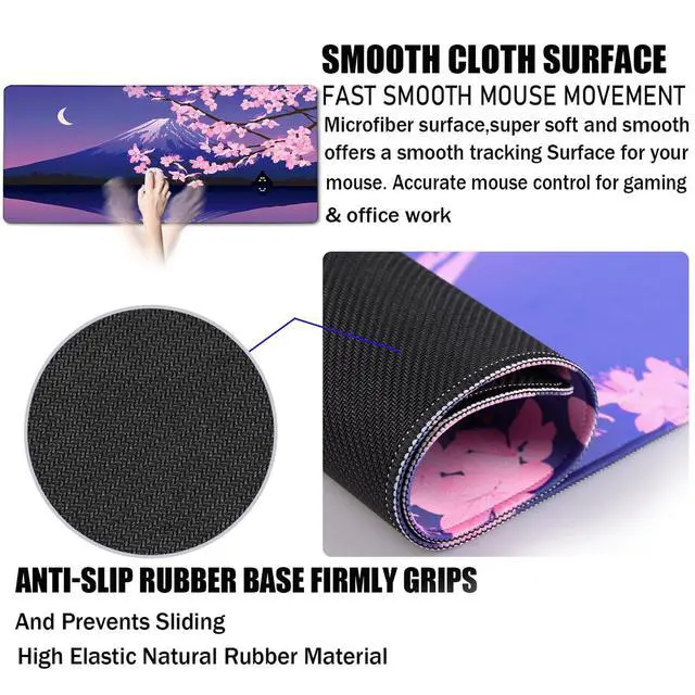 Alt view image 3 of 7 - Large Extended Gaming Mouse Pad with Stitched Edges, Non-Slip Waterproof Rubber Base Mouse Pad for Office, Computer, Laptop and Home Mousepad 31.5 x 15.7 Inch, Janpanese Sakura