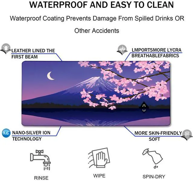 Alt view image 4 of 7 - Large Extended Gaming Mouse Pad with Stitched Edges, Non-Slip Waterproof Rubber Base Mouse Pad for Office, Computer, Laptop and Home Mousepad 31.5 x 15.7 Inch, Janpanese Sakura