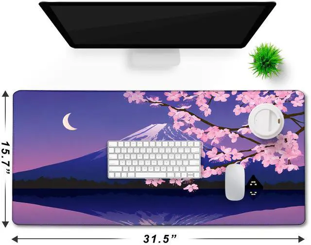 Alt view image 6 of 7 - Large Extended Gaming Mouse Pad with Stitched Edges, Non-Slip Waterproof Rubber Base Mouse Pad for Office, Computer, Laptop and Home Mousepad 31.5 x 15.7 Inch, Janpanese Sakura