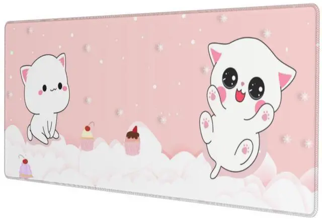Main image of Pink Kawaii Cat Little Kittens Gaming Mouse Pad XL Non Slip Rubber Base Mousepad, Stitched Edges Desk Pad 31.5 X 11.8 Inch