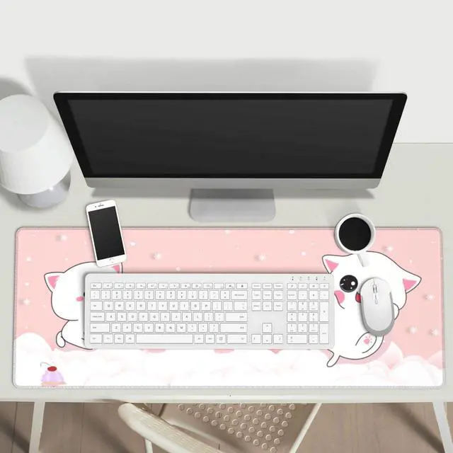 Alt view image 5 of 7 - Pink Kawaii Cat Little Kittens Gaming Mouse Pad XL Non Slip Rubber Base Mousepad, Stitched Edges Desk Pad 31.5 X 11.8 Inch